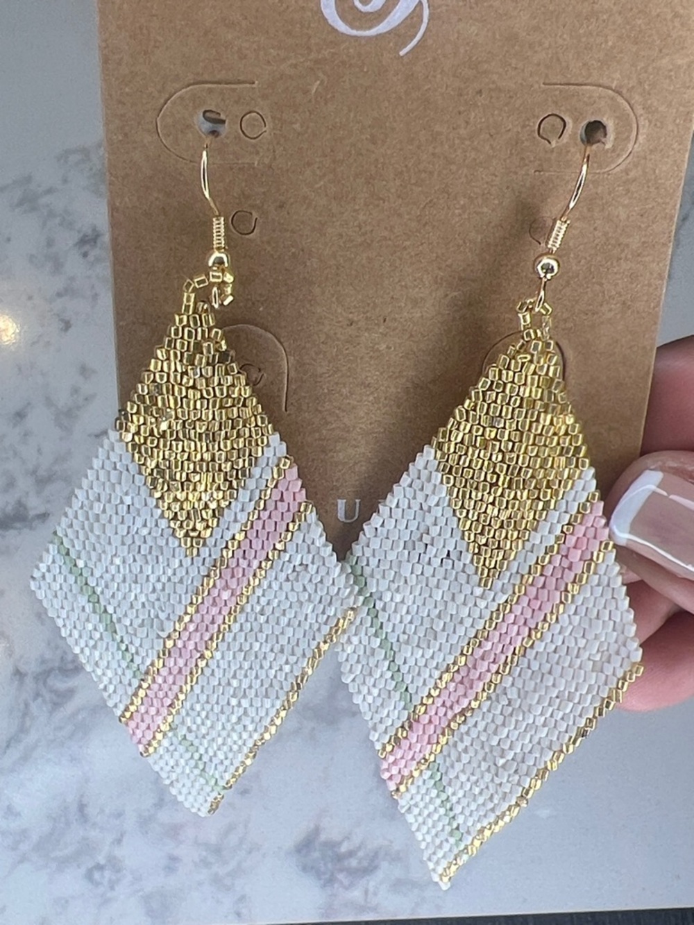 Pink, White & Gold Beaded Diamond Drop Earrings